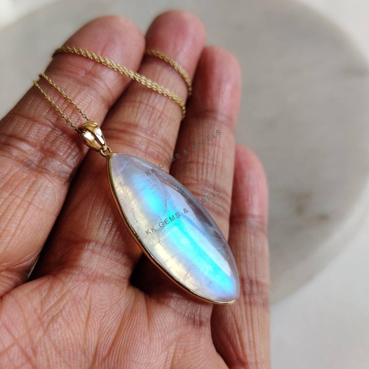 Natural Rainbow Moonstone Pendant, 14K Solid Yellow Gold, June Birthstone