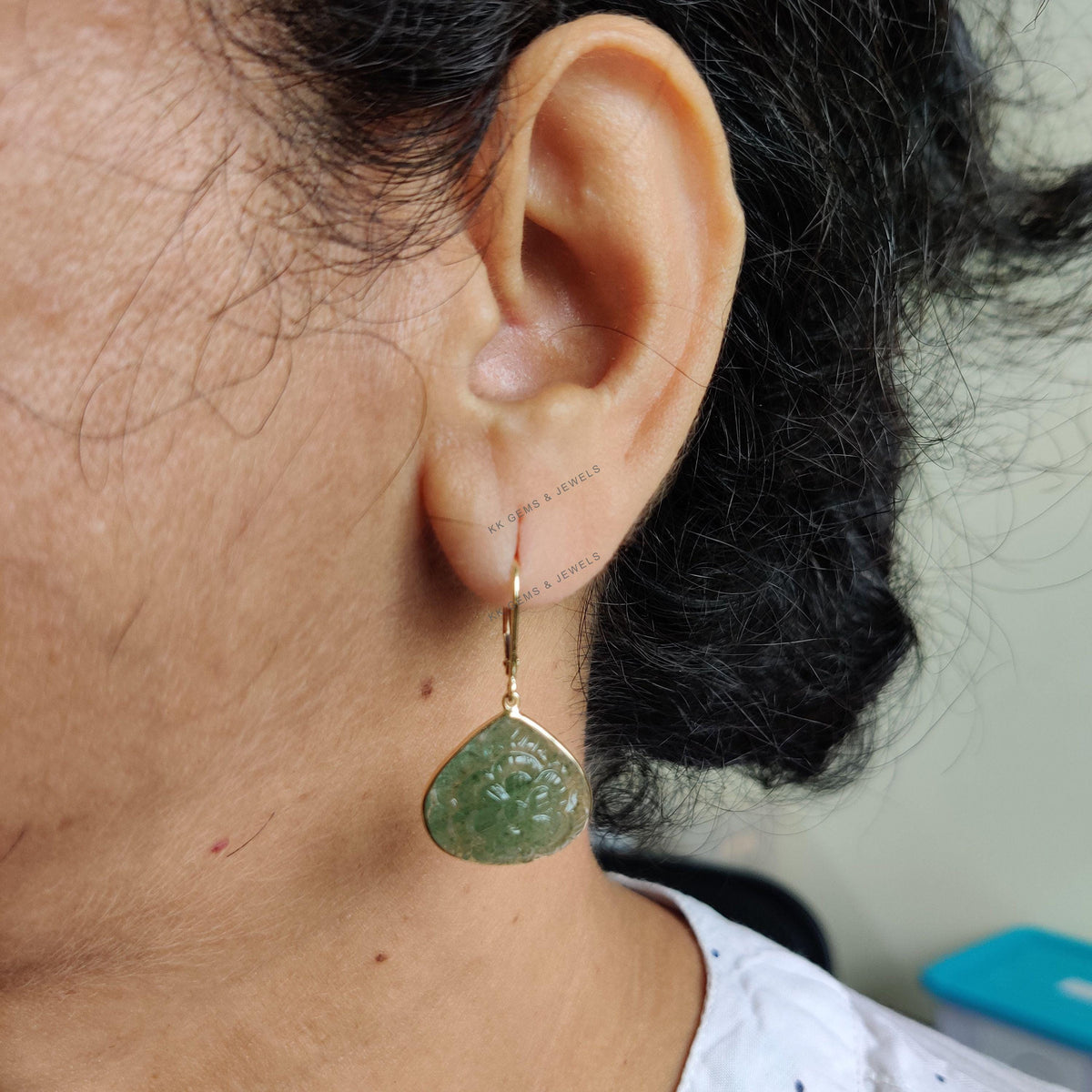 Carved Natural Green Aventurine Earrings, 14K Solid Yellow Gold, August Birthstone