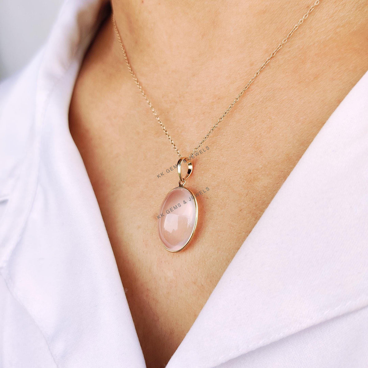 14K Solid Yellow Gold Natural Rose Quartz Pendant, January Birthstone