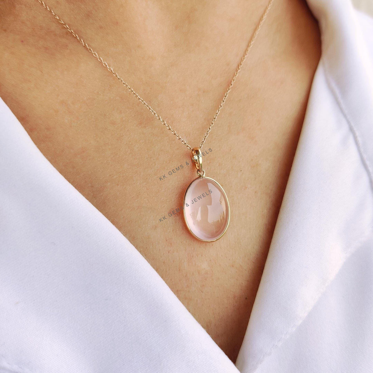 14K Solid Yellow Gold Natural Rose Quartz Pendant, January Birthstone