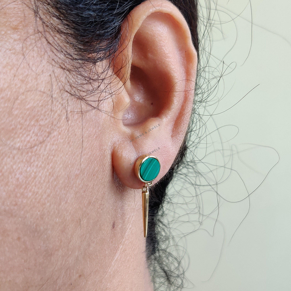 14K Solid Yellow Gold Natural Malachite Stud Earrings, May Birthstone Chain Earring