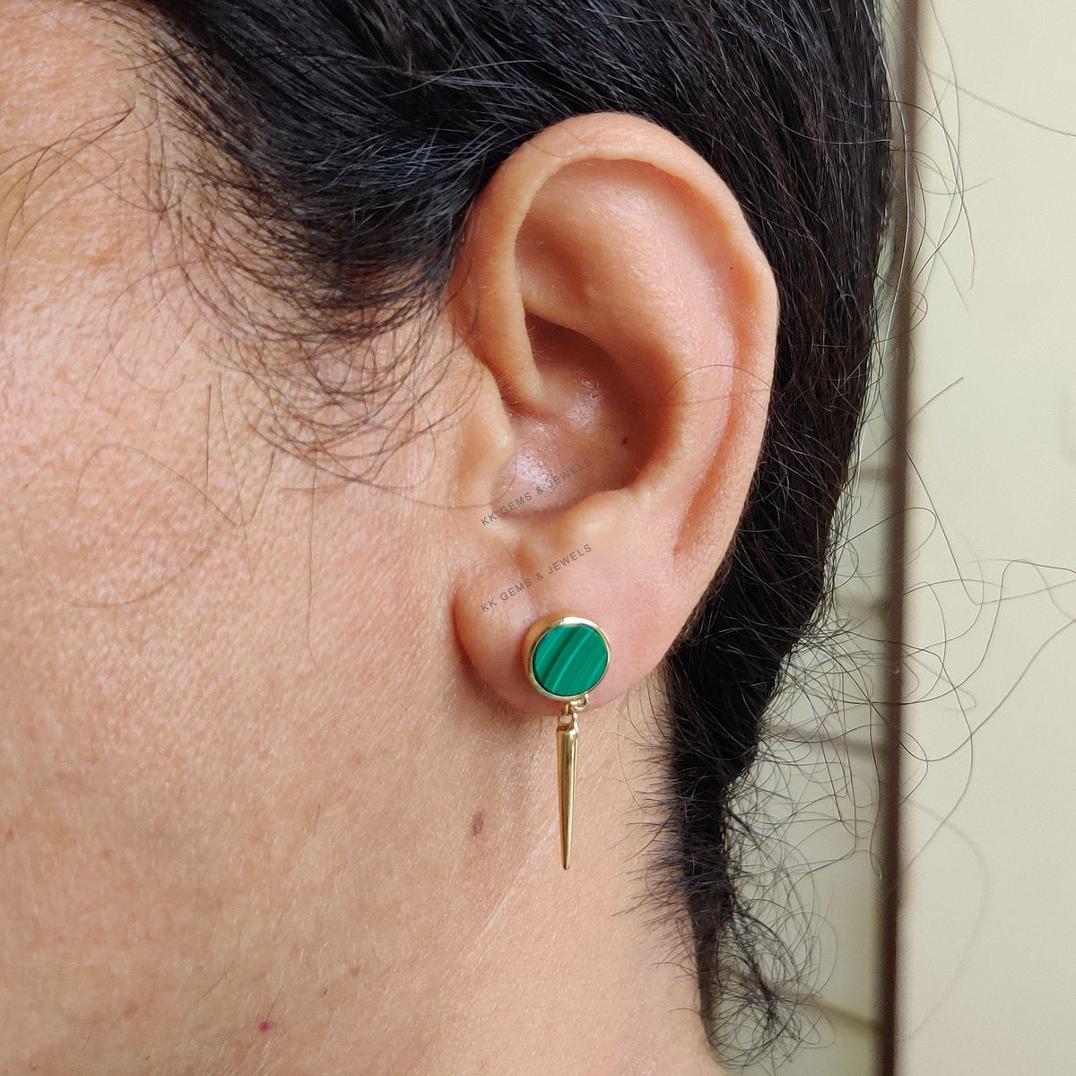 14K Solid Yellow Gold Natural Malachite Stud Earrings, May Birthstone Chain Earring