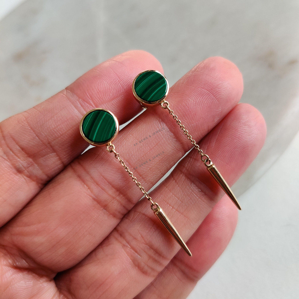 14K Solid Yellow Gold Natural Malachite Stud Earrings, May Birthstone Chain Earring