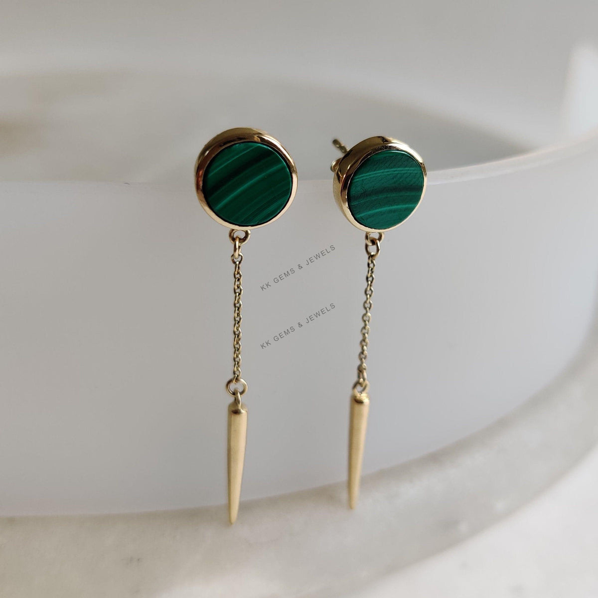 14K Solid Yellow Gold Natural Malachite Stud Earrings, May Birthstone Chain Earring