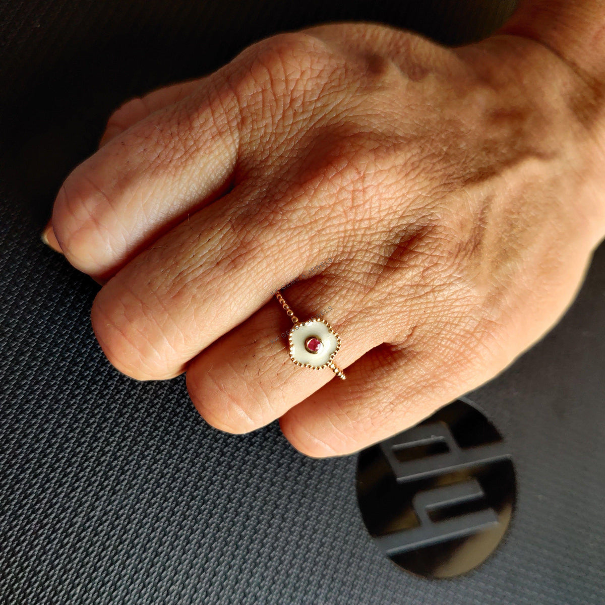 14k Solid Yellow Gold Natural Ruby Ring with White Enamel, July Birthstone