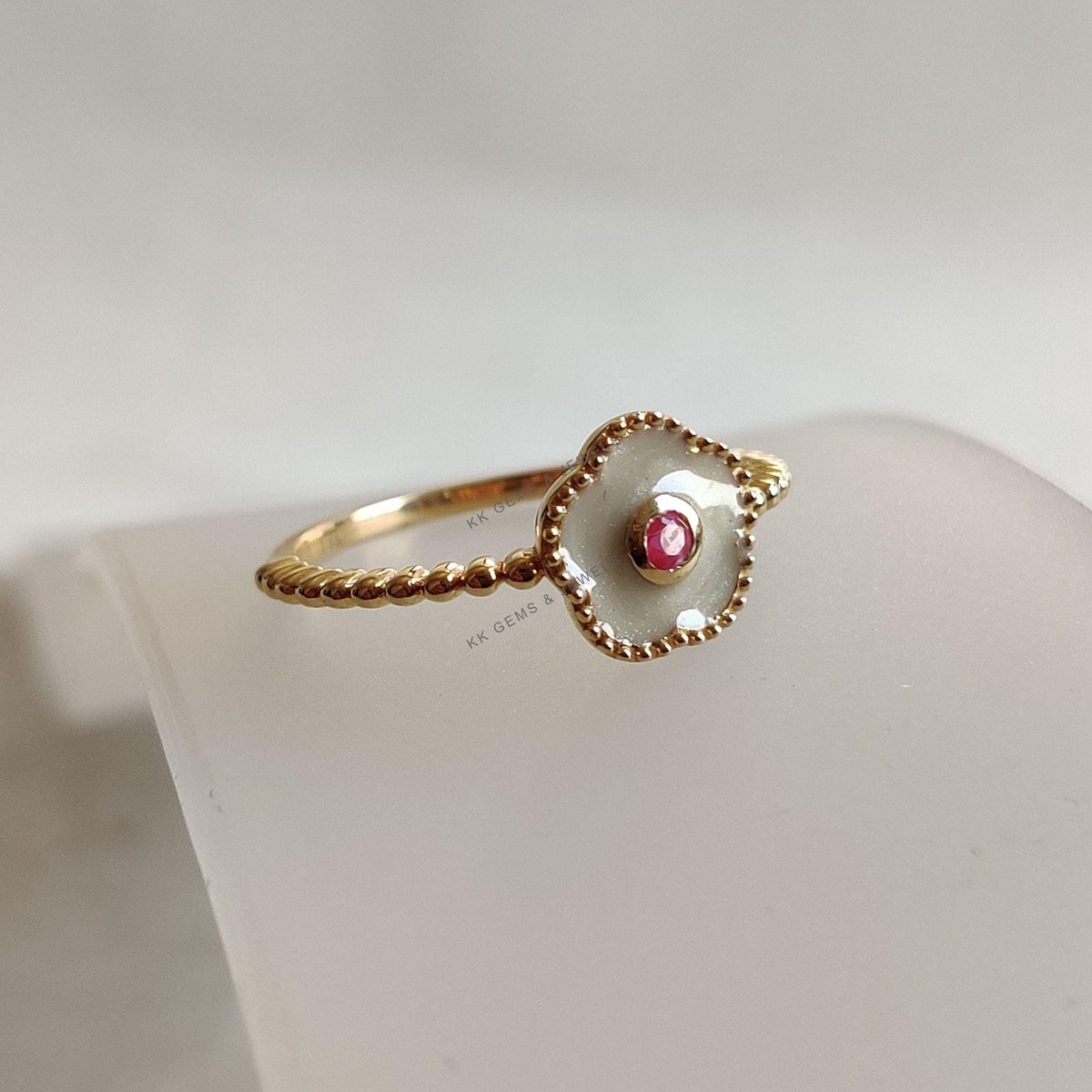 14k Solid Yellow Gold Natural Ruby Ring with White Enamel, July Birthstone
