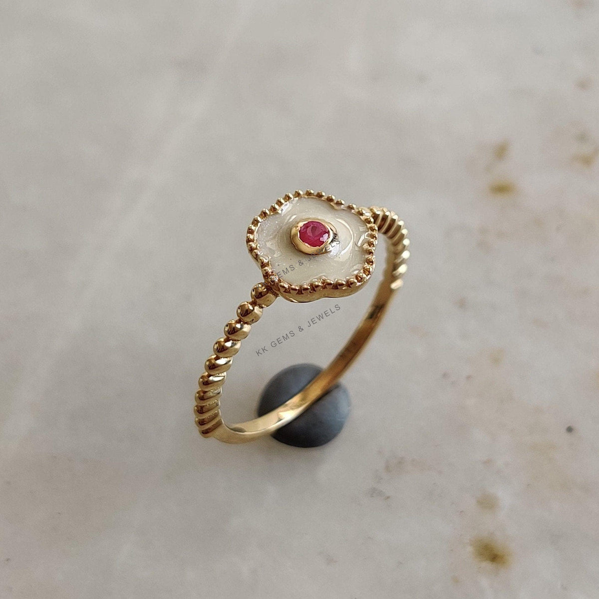 14k Solid Yellow Gold Natural Ruby Ring with White Enamel, July Birthstone