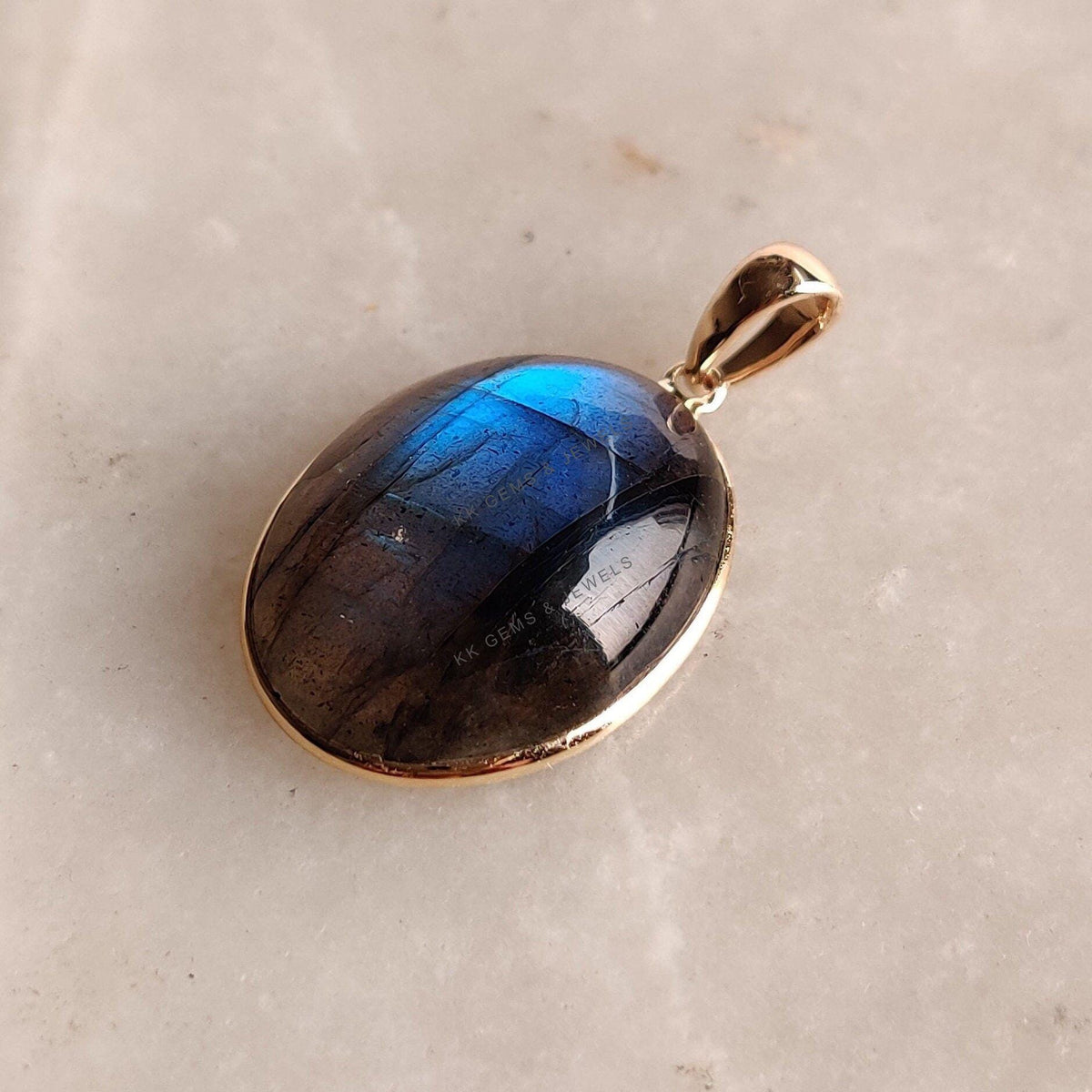 14K Solid Gold Natural Labradorite Pendant: Oval Gemstone, November Birthstone