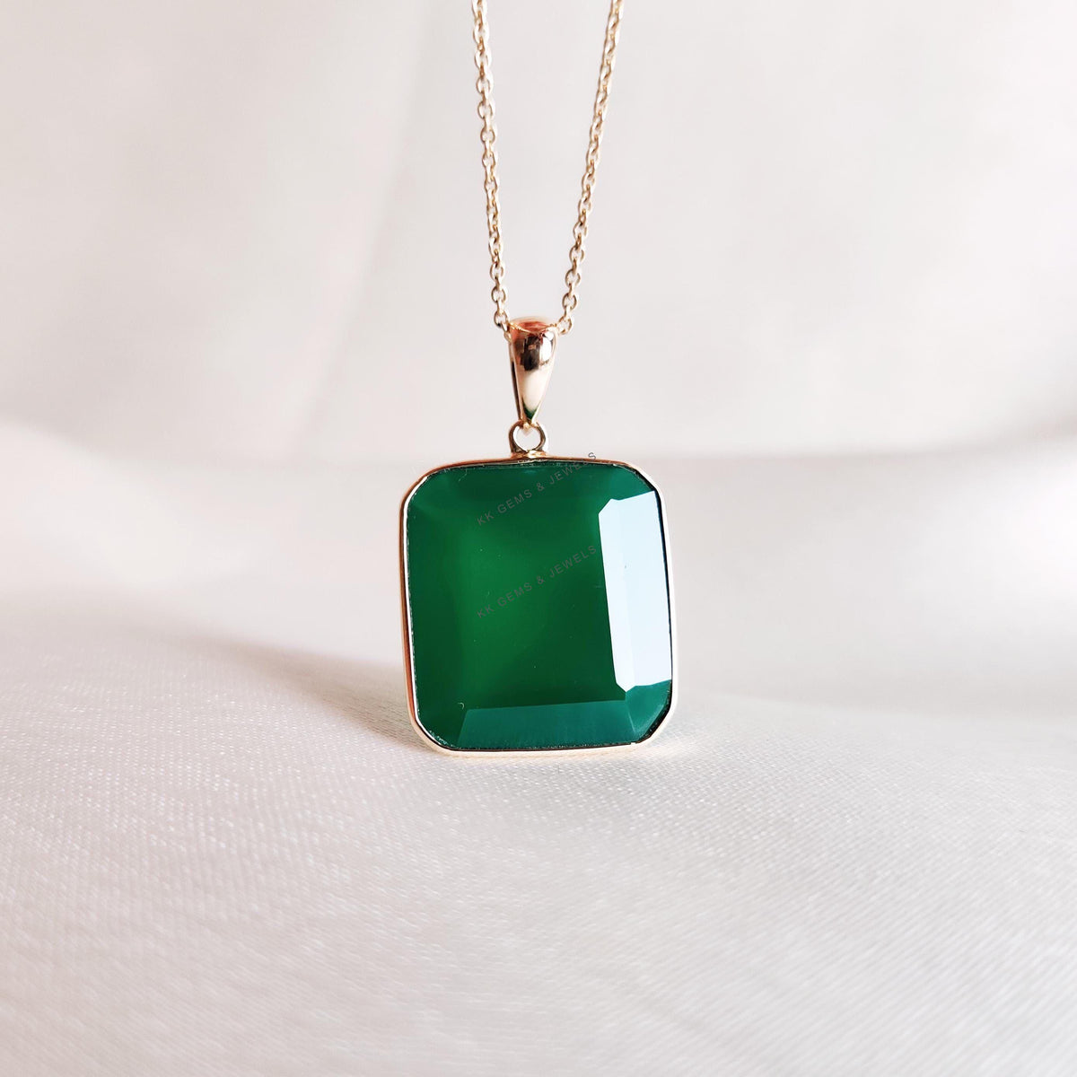 Natural Green Onyx Octagon Pendant, 14K Solid Yellow Gold Pendant, May Birthstone