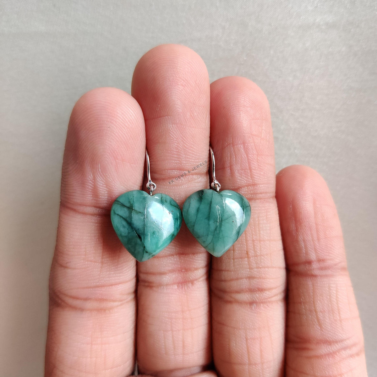 14K Solid White Gold Natural Emerald Heart Earrings, May Birthstone