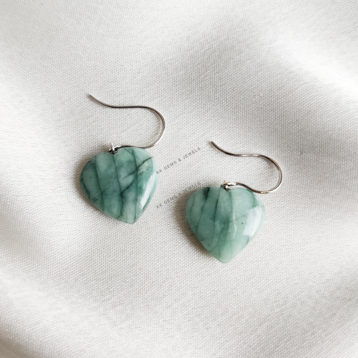 14K Solid White Gold Natural Emerald Heart Earrings, May Birthstone
