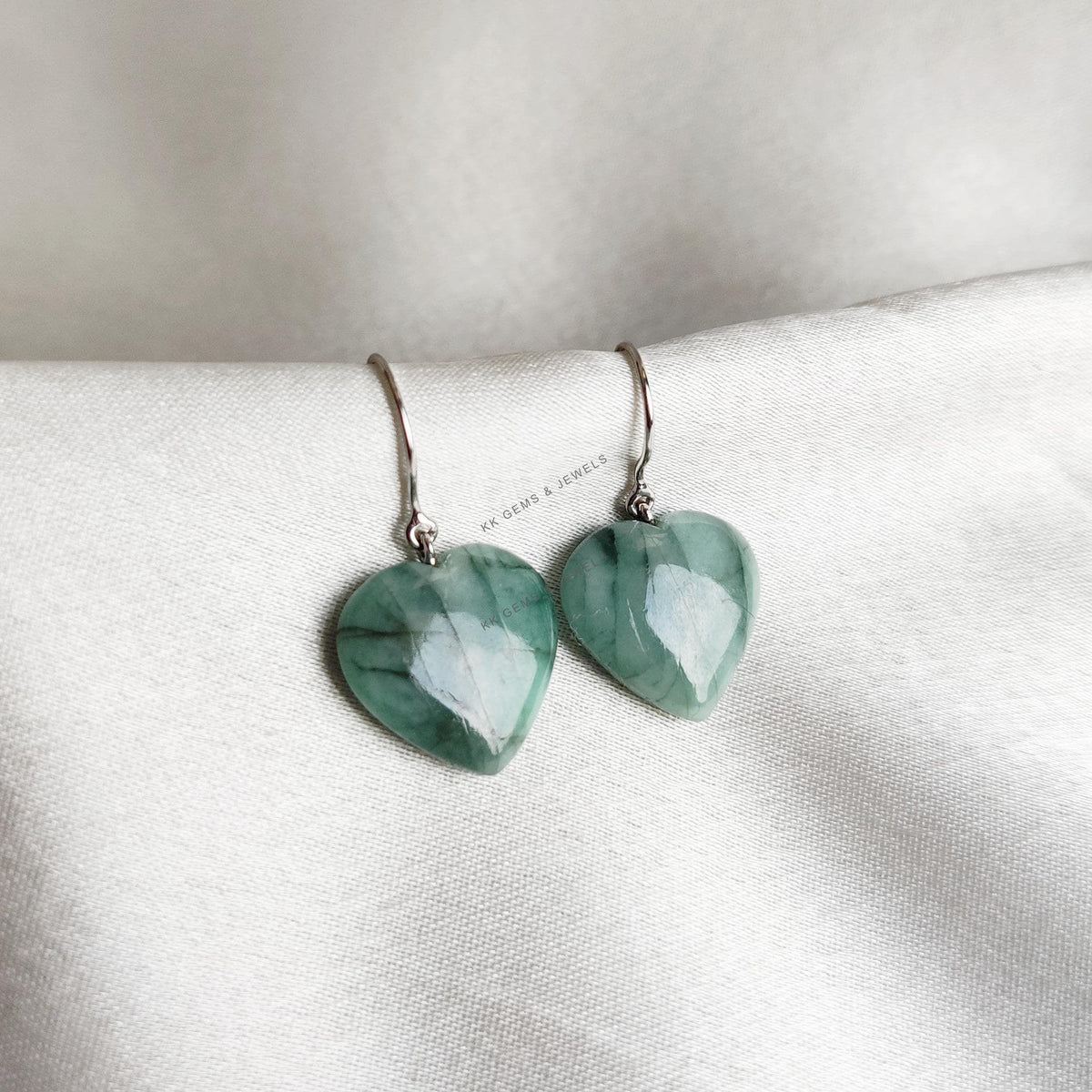 14K Solid White Gold Natural Emerald Heart Earrings, May Birthstone
