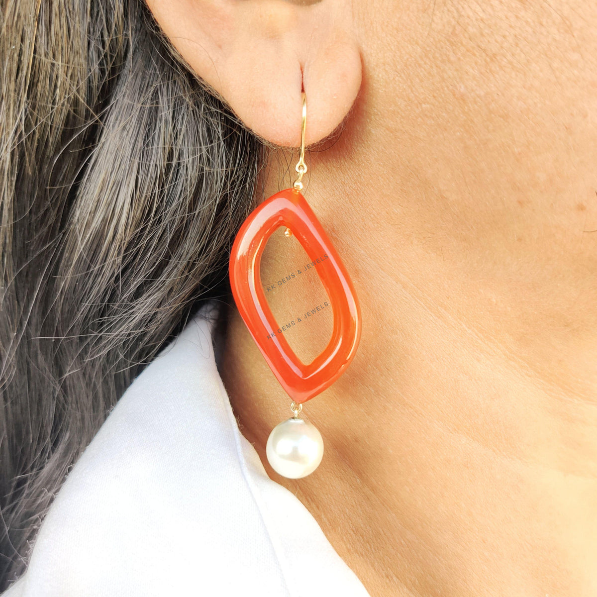 14K Solid Yellow Gold Natural Red Onyx Loop Pearl Drop  Drill Earrings, June July Birthstone