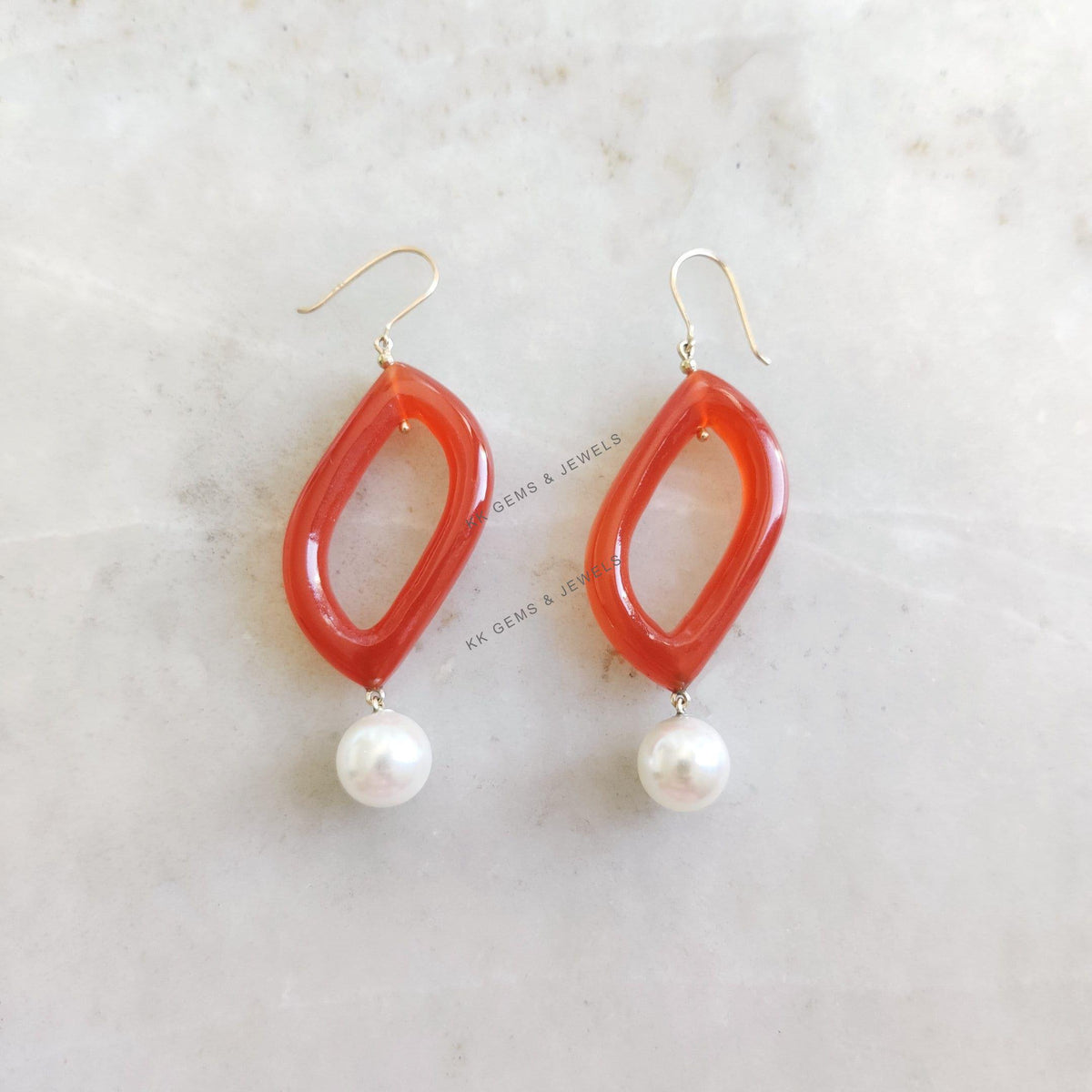 14K Solid Yellow Gold Natural Red Onyx Loop Pearl Drop  Drill Earrings, June July Birthstone