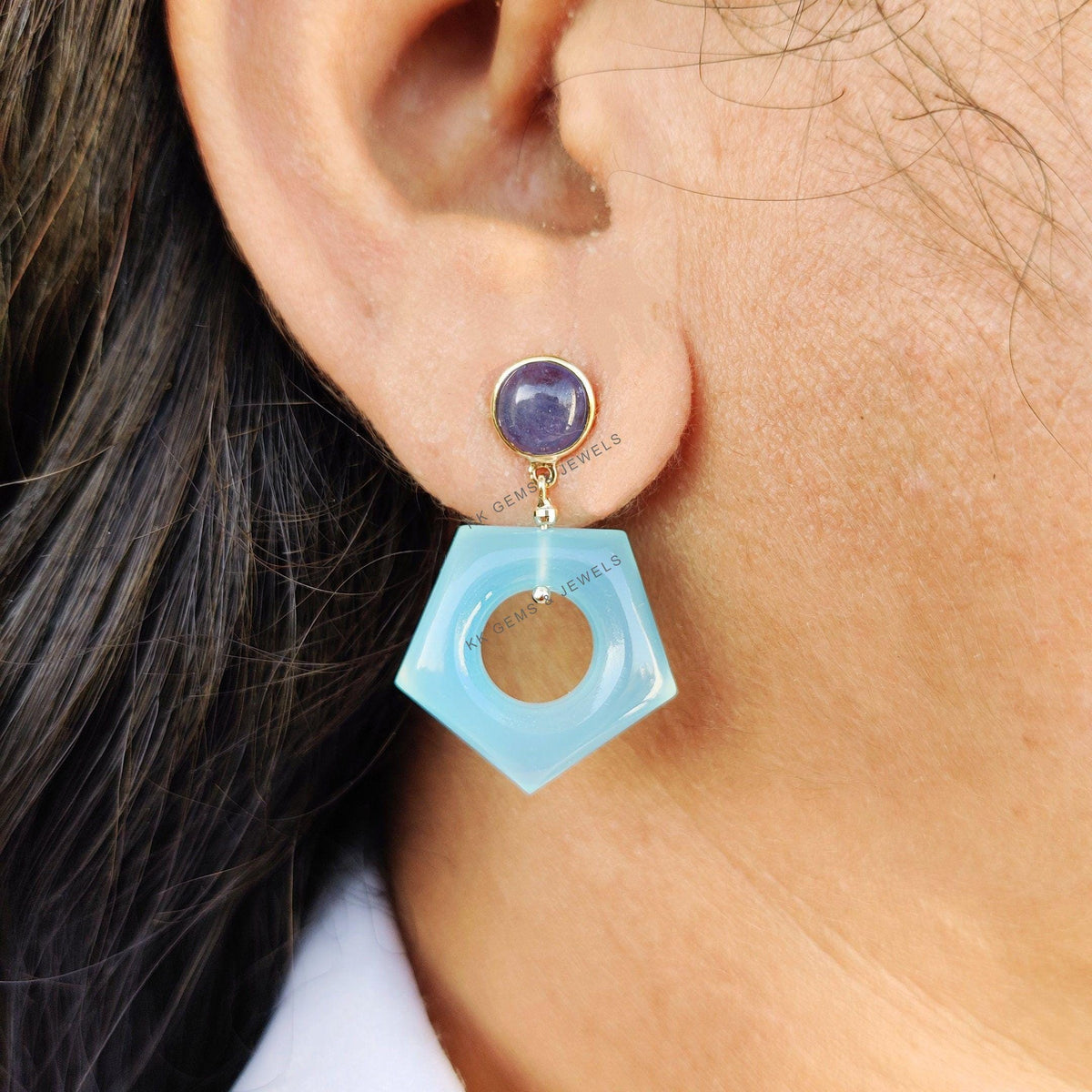 Natural Tanzanite & Blue Chalcedony Loop Earrings, 14K Solid Yellow Gold Gemstone Studs