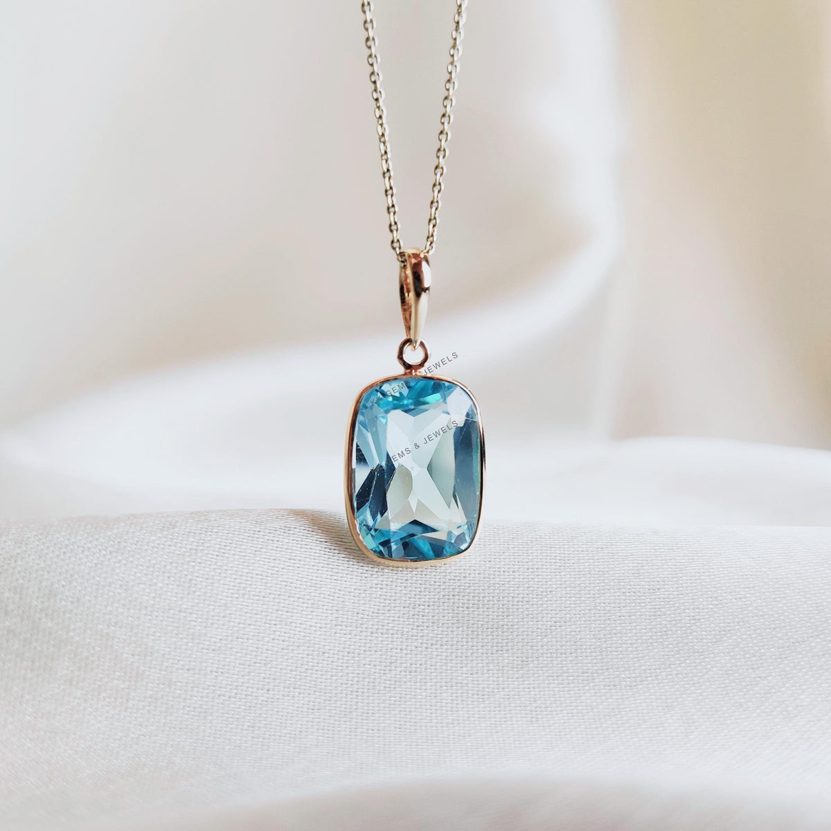 Natural Sky Blue Topaz Bezel Pendant: 14K Solid Yellow Gold December Birthstone