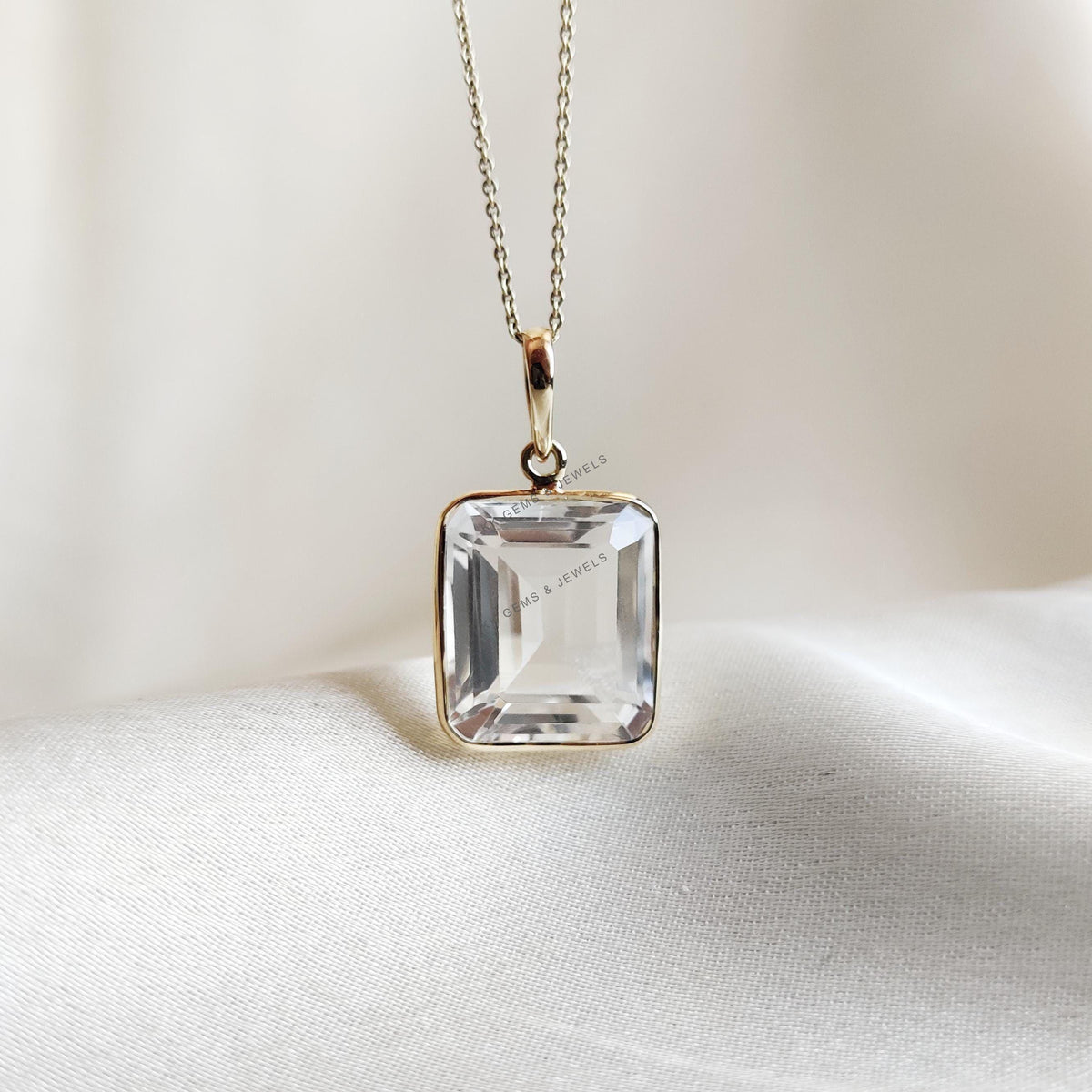 14K Solid Yellow Gold Natural Clear Quartz Pendant, April Birthstone