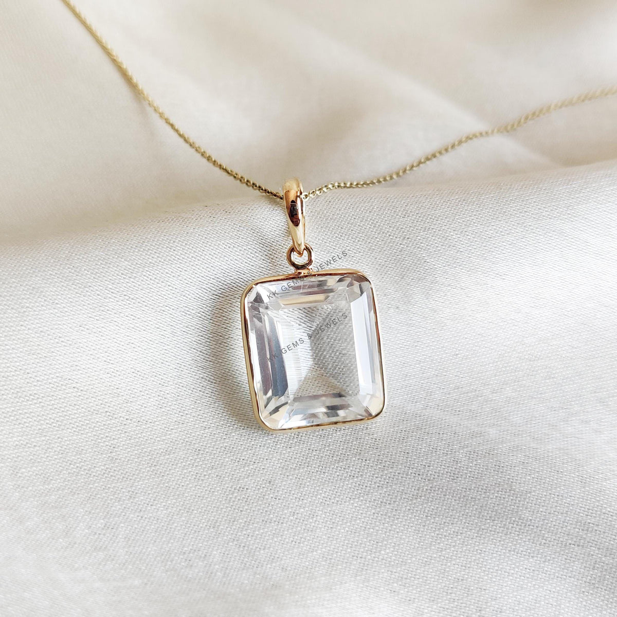 14K Solid Yellow Gold Natural Clear Quartz Pendant, April Birthstone