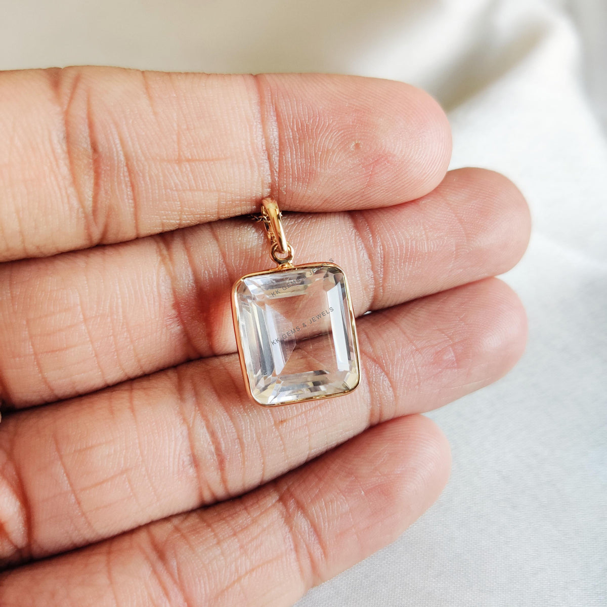 14K Solid Yellow Gold Natural Clear Quartz Pendant, April Birthstone