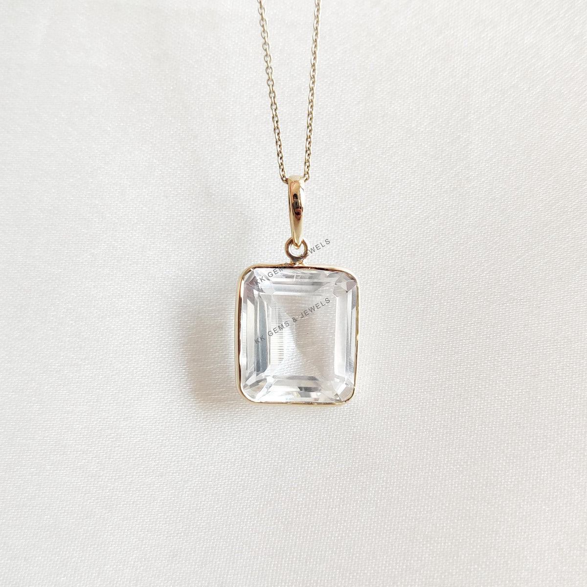 14K Solid Yellow Gold Natural Clear Quartz Pendant, April Birthstone