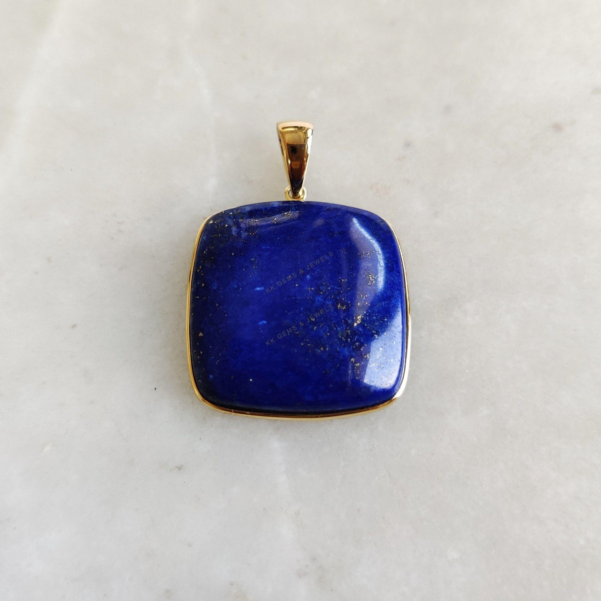 14K Solid GYellow old Natural Lapis Lazuli Pendant, Square Cushion Cabochon, September Birthstone