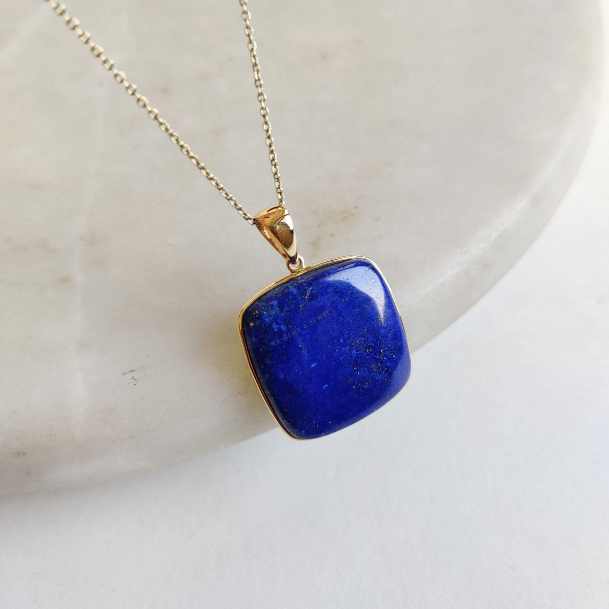 14K Solid GYellow old Natural Lapis Lazuli Pendant, Square Cushion Cabochon, September Birthstone