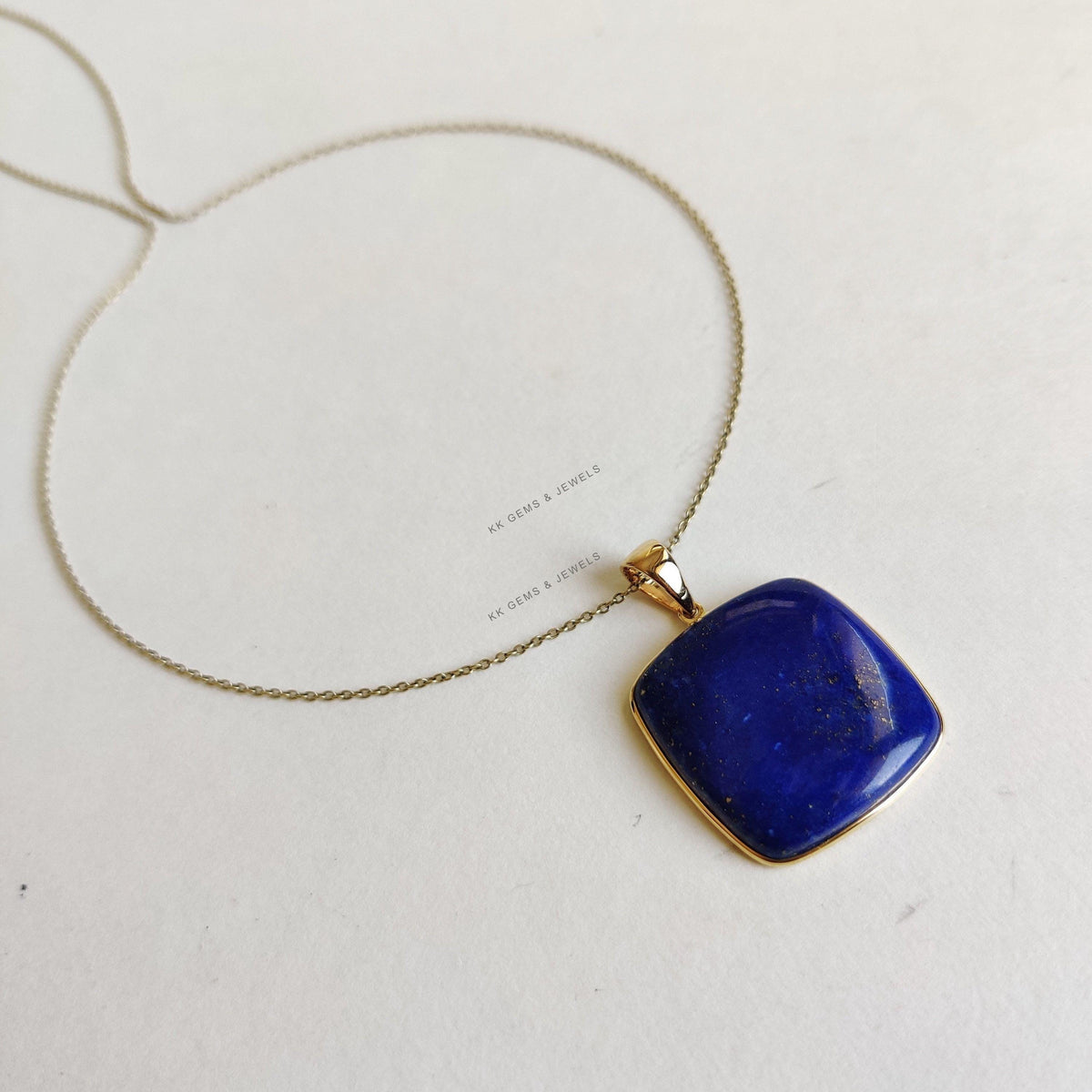 14K Solid GYellow old Natural Lapis Lazuli Pendant, Square Cushion Cabochon, September Birthstone