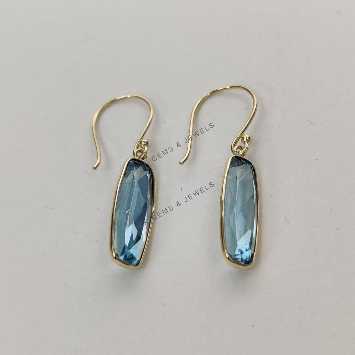 14K Solid Yellow Gold Natural Sky Blue Topaz Bezel Earrings, December Birthstone