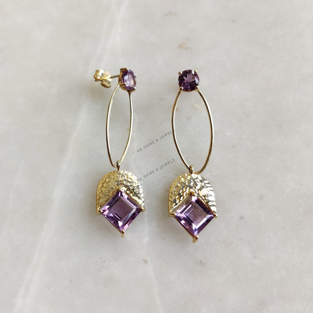 14K Solid Yellow Gold Natural Purple Amethyst Earrings, Square & Round Cut, February Birthstone