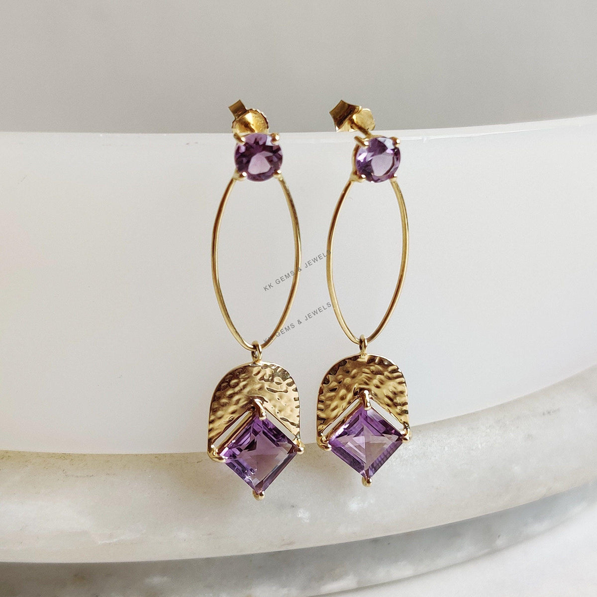 14K Solid Yellow Gold Natural Purple Amethyst Earrings, Square & Round Cut, February Birthstone