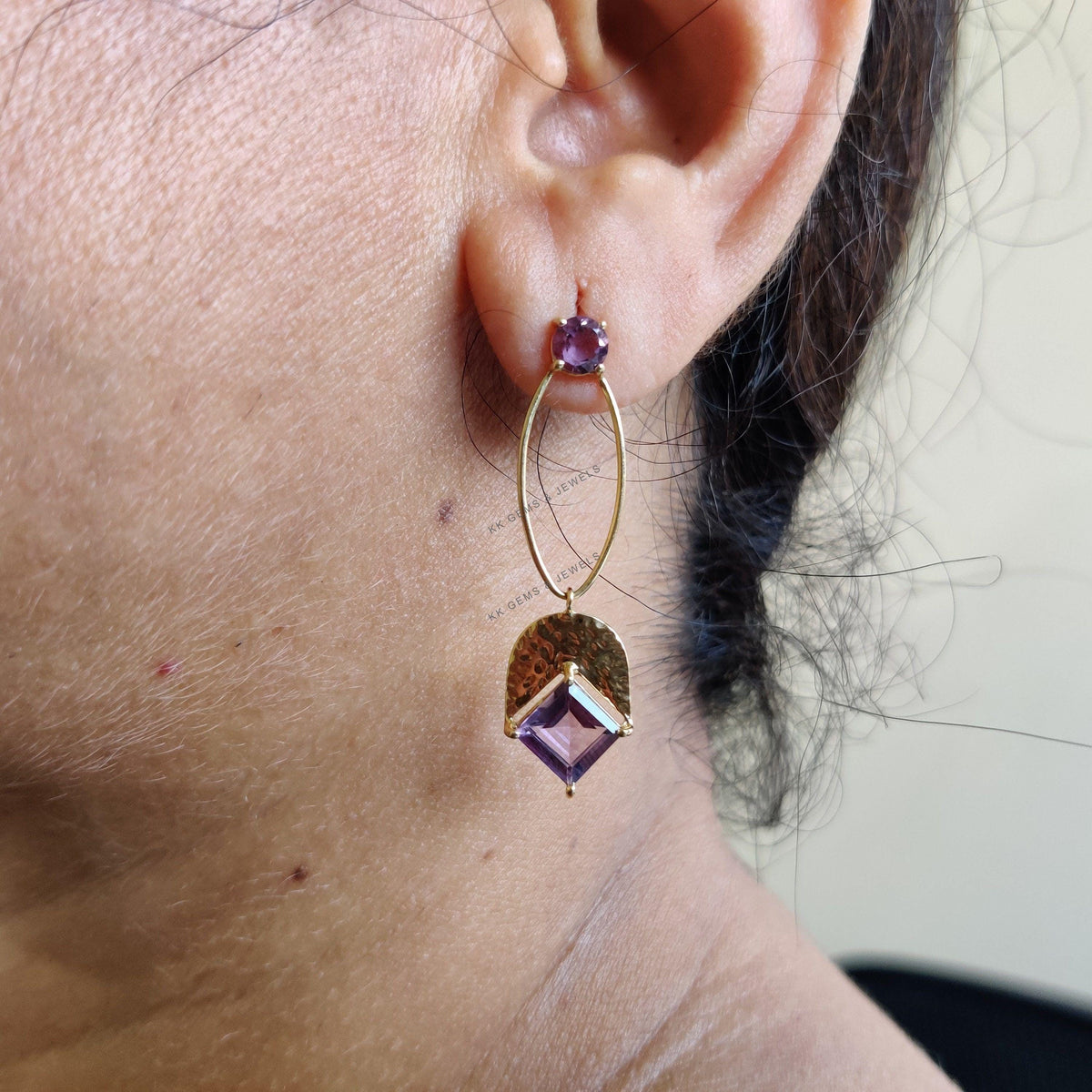14K Solid Yellow Gold Natural Purple Amethyst Earrings, Square & Round Cut, February Birthstone