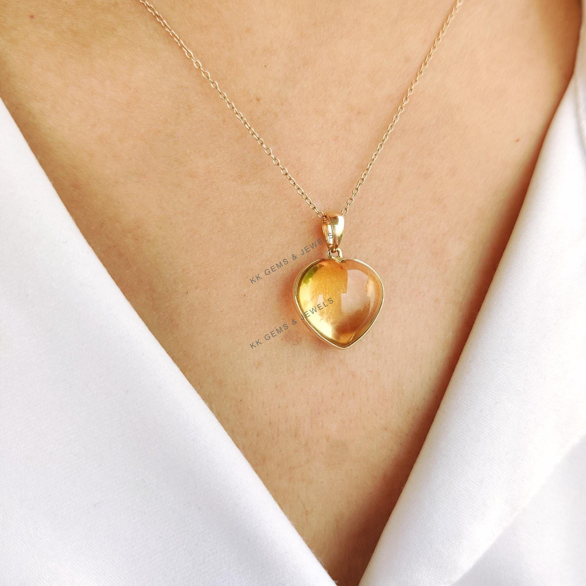 14K Solid Gold Natural Citrine Heart Pendant, November Birthstone Jewelry