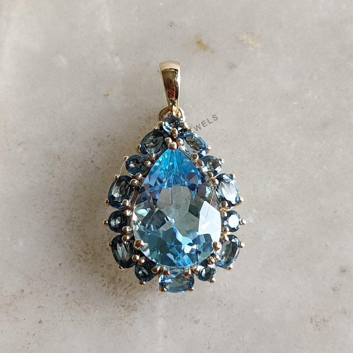 14K Solid Yellow Gold Natural London & Sky Blue Topaz Pendant, December Birthstone