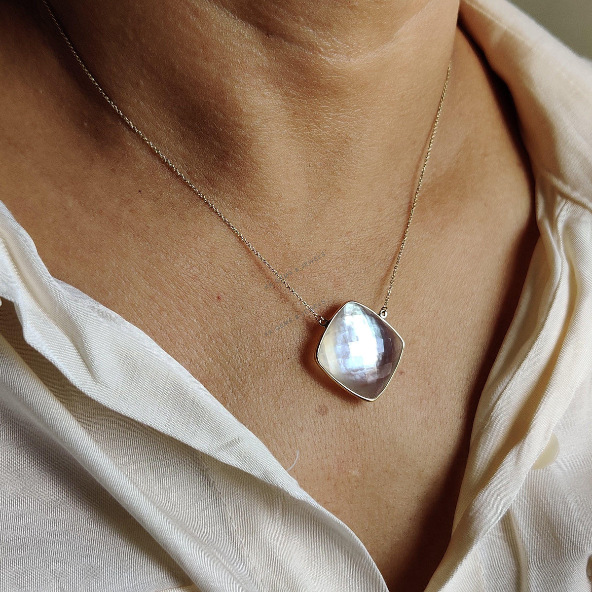Natural Pearl & Crystal 14K Solid Yellow Gold Doublet Necklace, June Birthstone