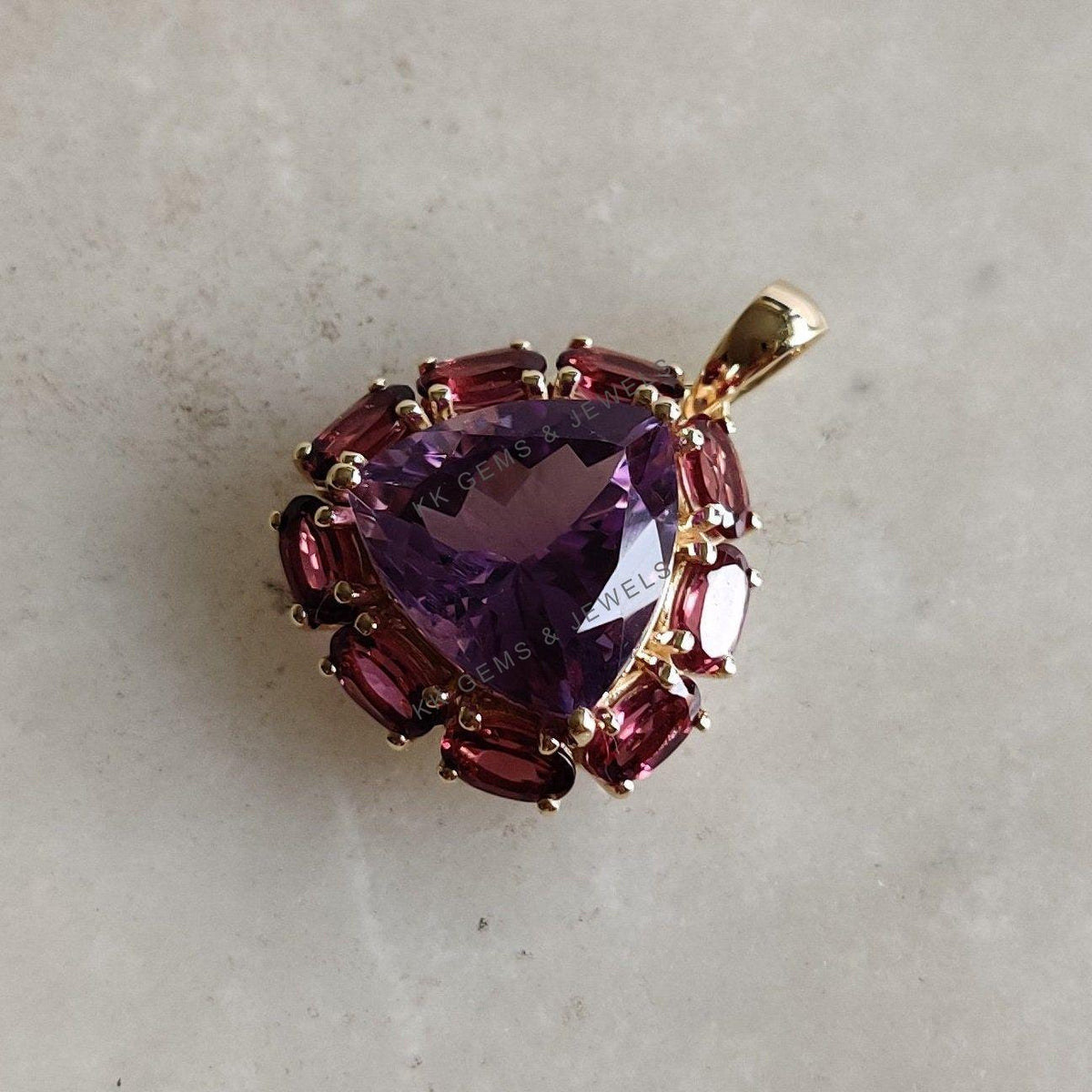 14K Solid Yellow Gold Natural Purple Amethyst & Rhodolite Garnet Pendant, Multi stone Jewelry