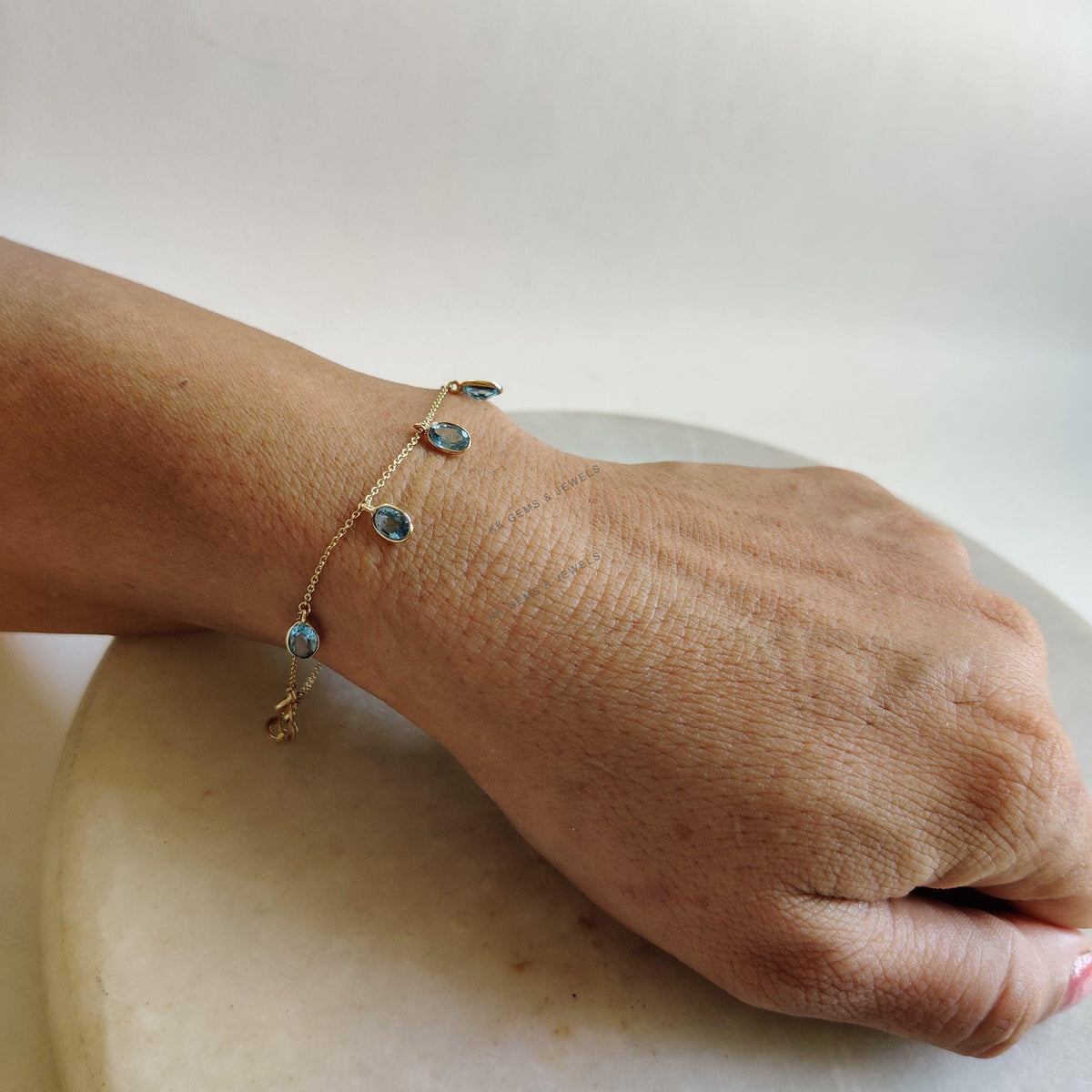 14K Solid Gold Natural Swiss Blue Topaz Bracelet, December Birthstone