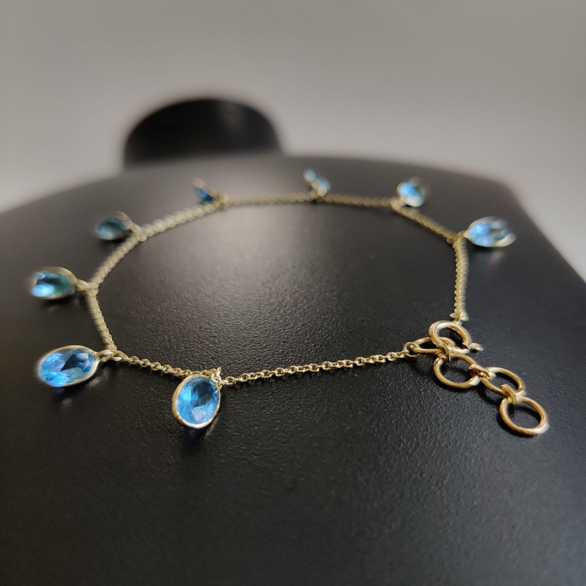 14K Solid Gold Natural Swiss Blue Topaz Bracelet, December Birthstone