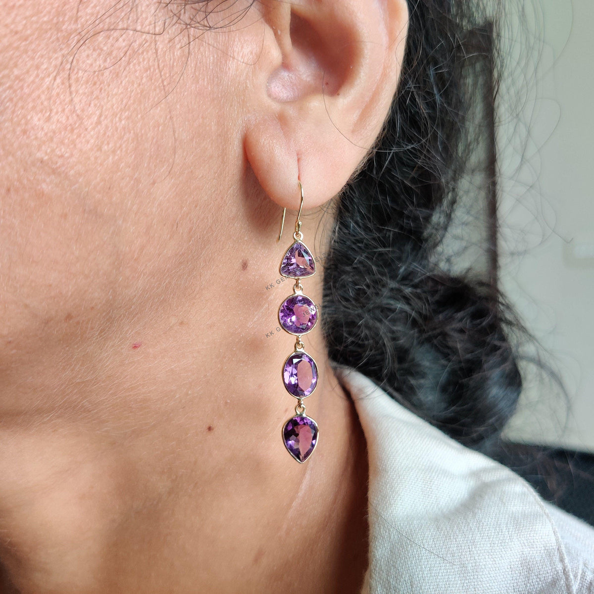 14K Solid Yellow Gold Natural Purple Amethyst Bezel Earrings, February Birthstone