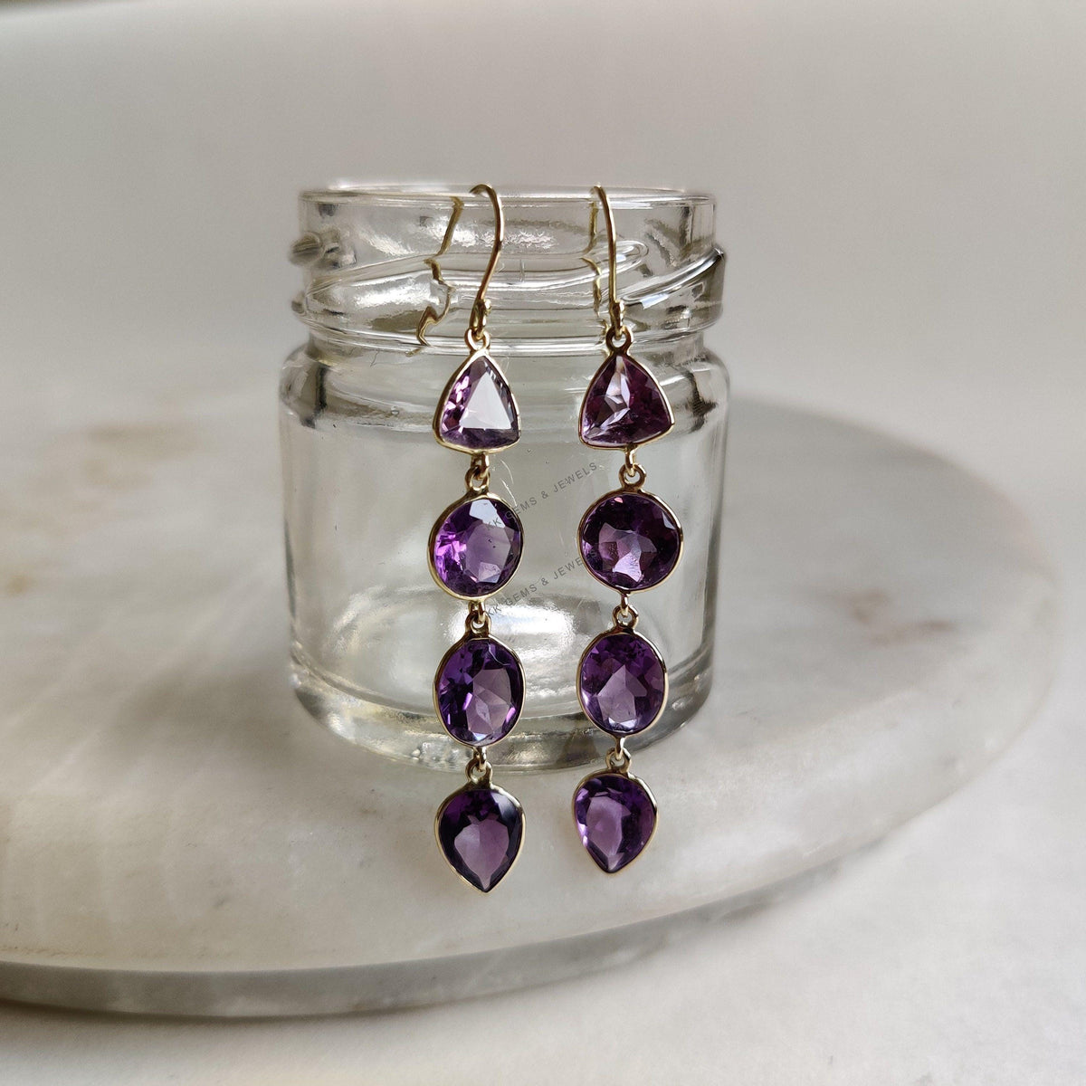 14K Solid Yellow Gold Natural Purple Amethyst Bezel Earrings, February Birthstone