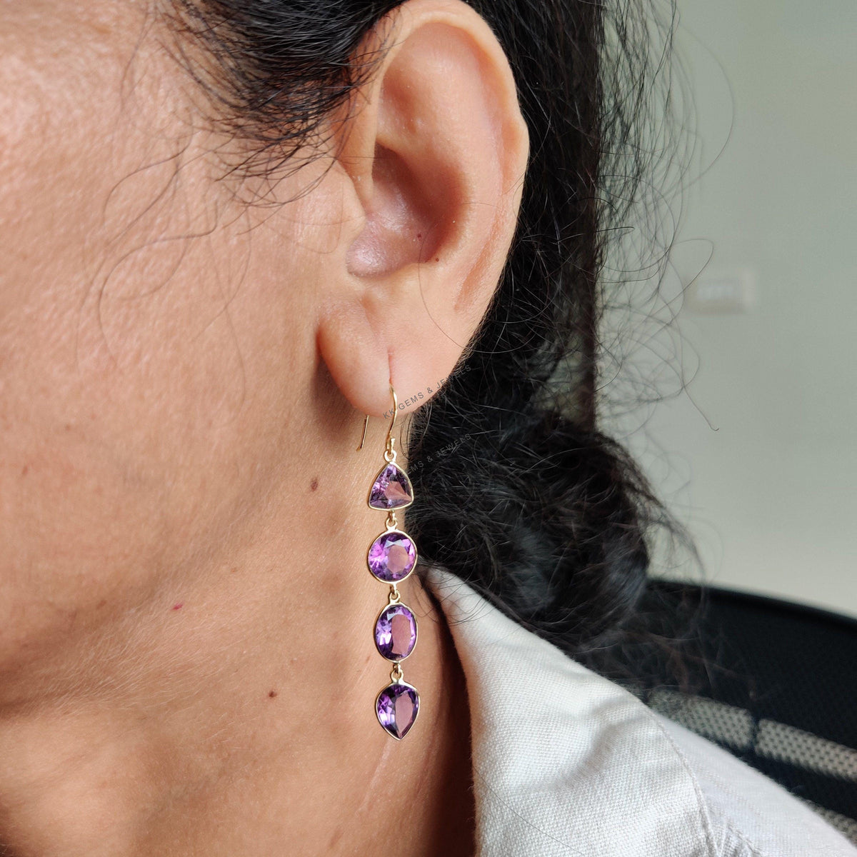 14K Solid Yellow Gold Natural Purple Amethyst Bezel Earrings, February Birthstone