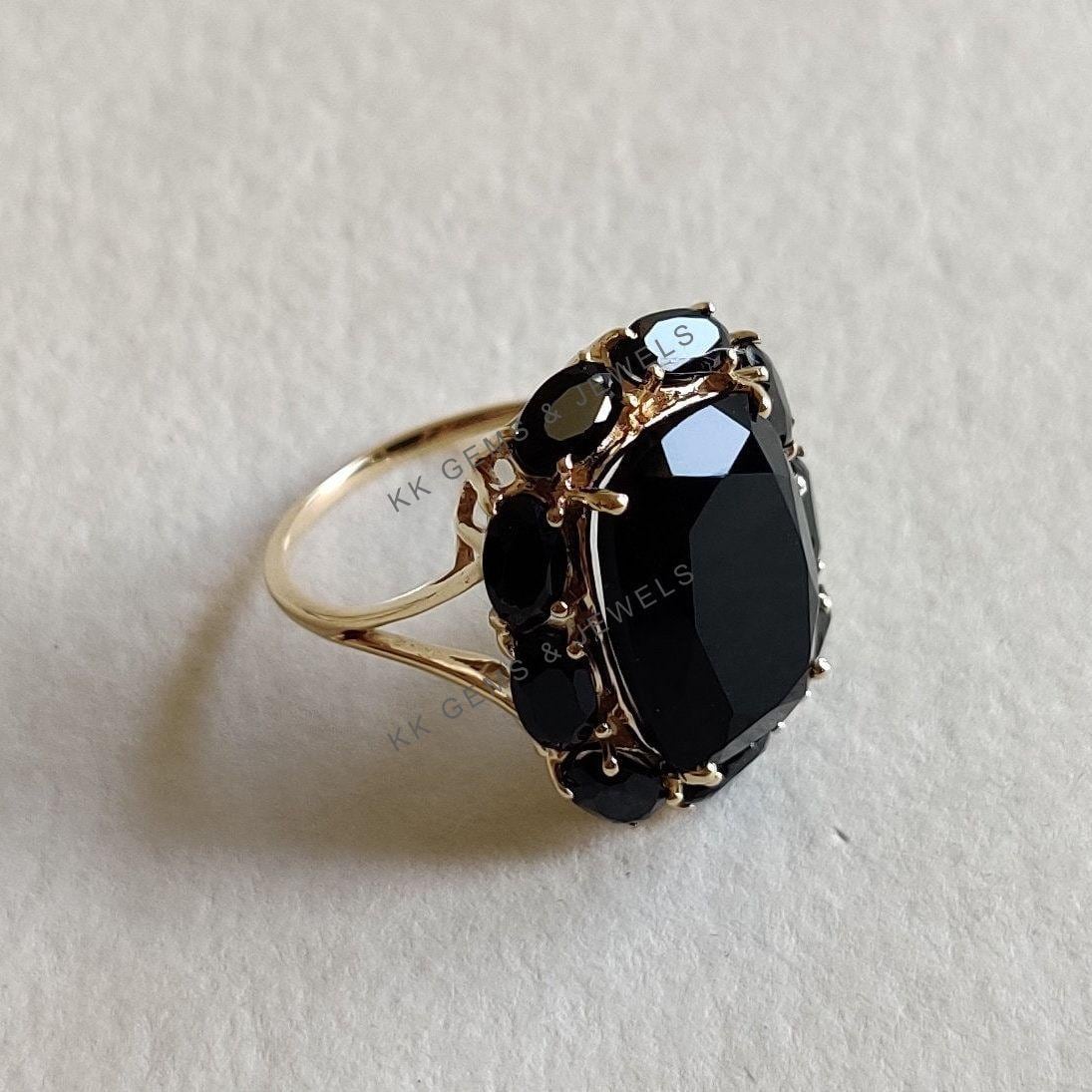 Natural Black Onyx & Black Spinel Cocktail Ring, 14K Solid Yellow Gold, Christmas Gift