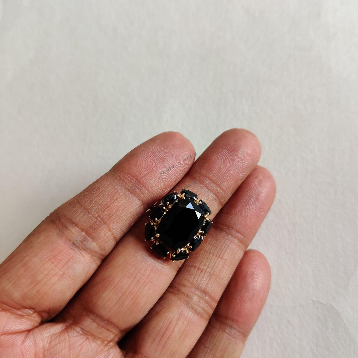 Natural Black Onyx & Black Spinel Cocktail Ring, 14K Solid Yellow Gold, Christmas Gift