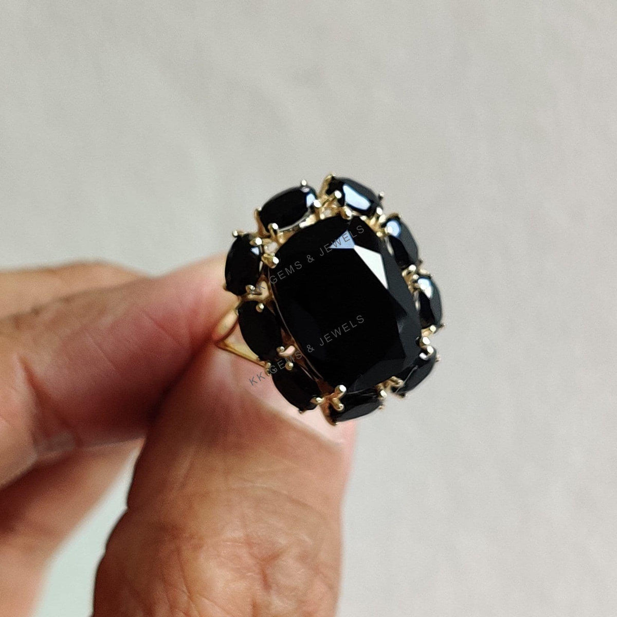 Natural Black Onyx & Black Spinel Cocktail Ring, 14K Solid Yellow Gold, Christmas Gift
