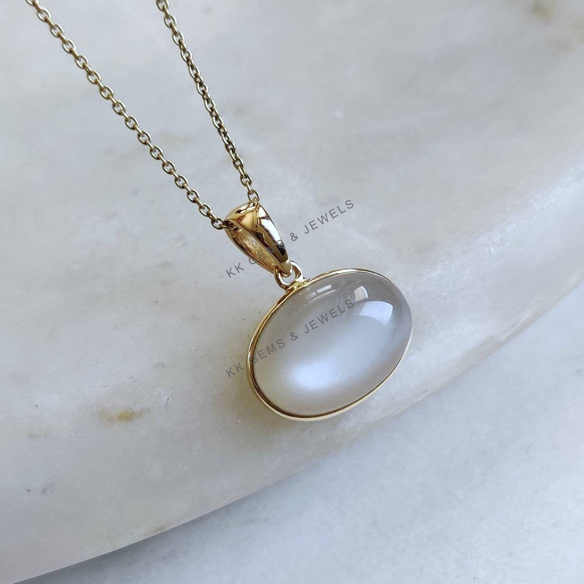 14K Solid Yellow Gold Natural White Moonstone Oval Pendant, June Birthstone