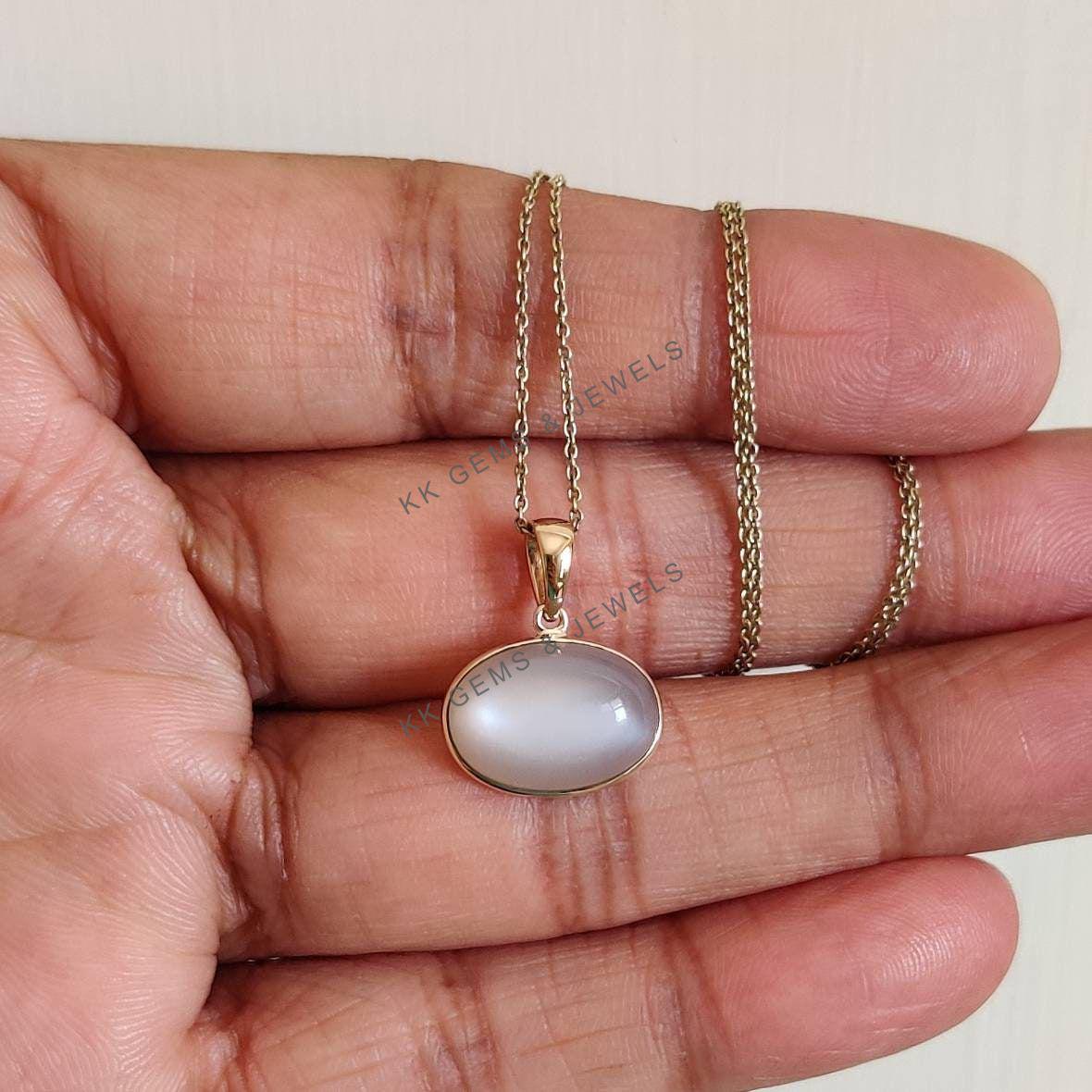 14K Solid Yellow Gold Natural White Moonstone Oval Pendant, June Birthstone