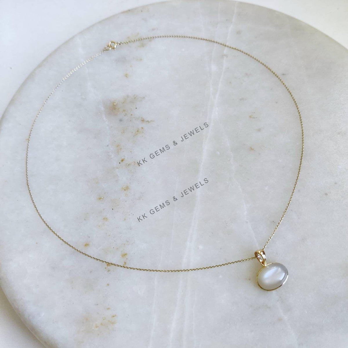 14K Solid Yellow Gold Natural White Moonstone Oval Pendant, June Birthstone