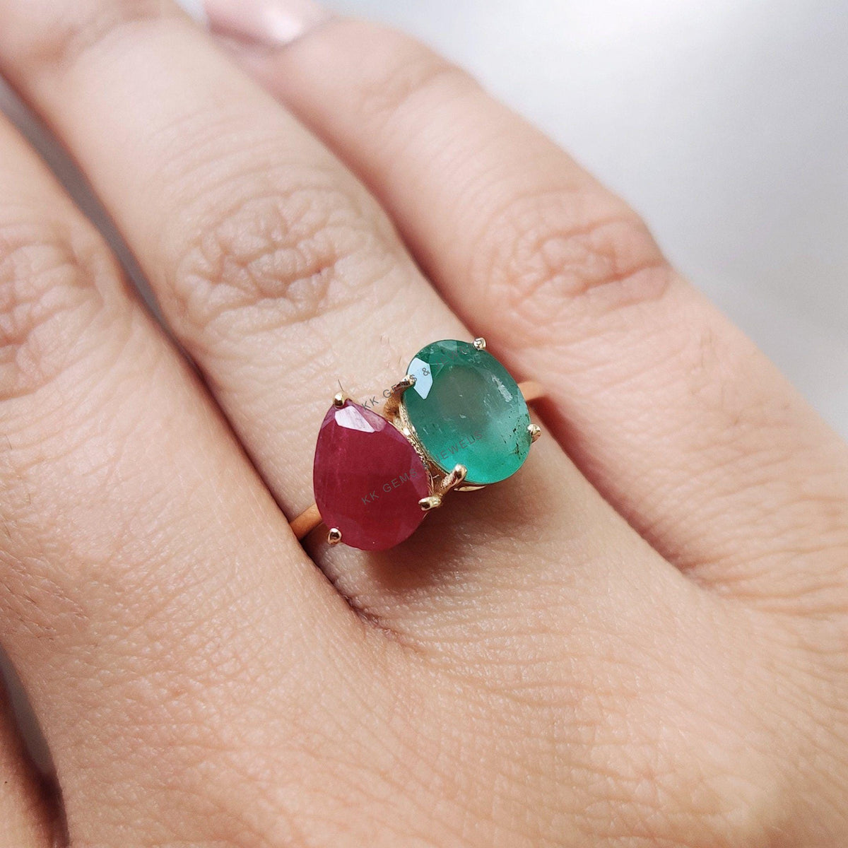 Natural Ruby & Emerald Ring, 14K Solid Yellow Gold Toi et Moi Ring