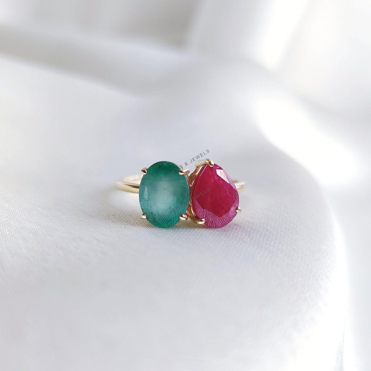 Natural Ruby & Emerald Ring, 14K Solid Yellow Gold Toi et Moi Ring