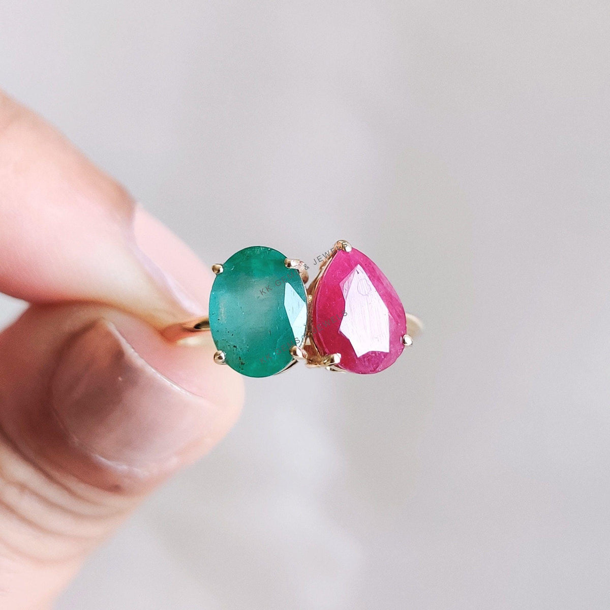 Natural Ruby & Emerald Ring, 14K Solid Yellow Gold Toi et Moi Ring