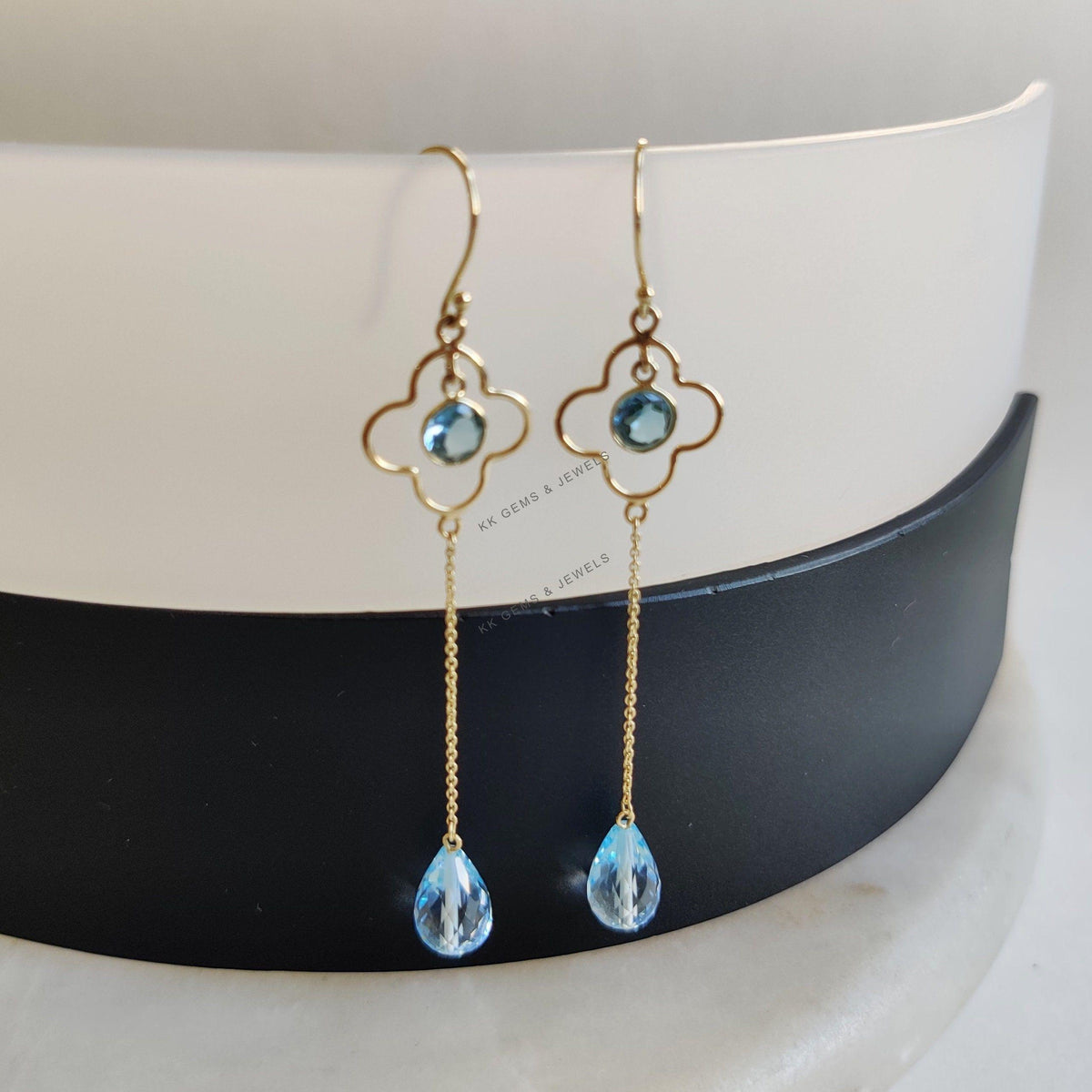 14K Solid Yellow Gold Natural Swiss Blue Topaz Dangle Earrings, Christmas Present